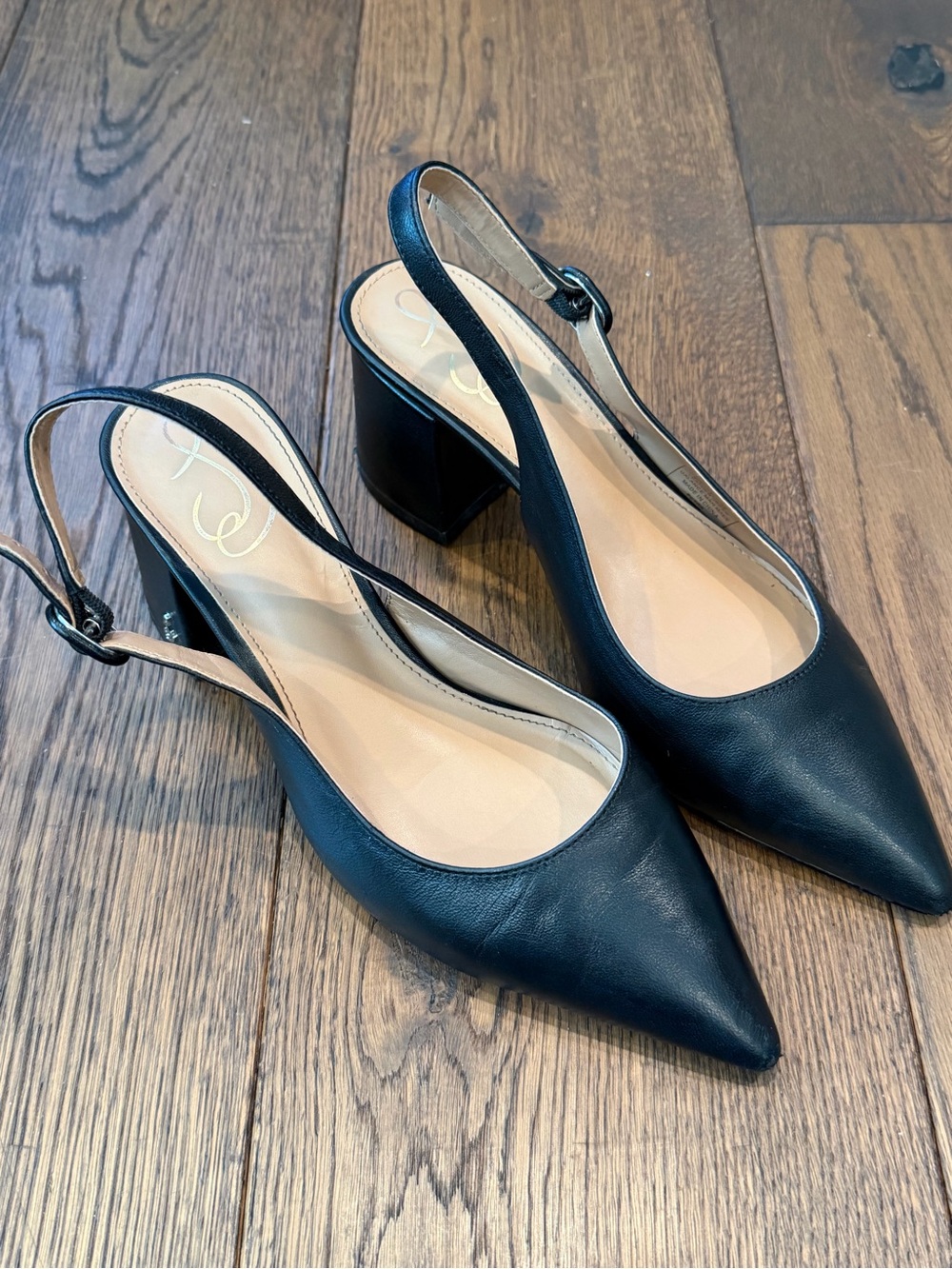 Sam Edelman Petra Leather Black Pointed-Toe Slingback Block Heels, size 8
